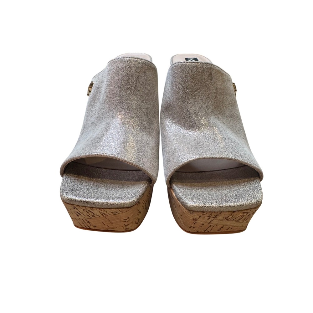 Karl Lagerfeld Paris Metallic Cork Wedge Mules Silver Glitter Platform Sandals